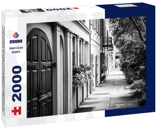 Noah Jigsaw Puzzle Empty sidewalk view of lush summer greenery lining the colorful Georgian architecture of the colonial Rainbow Row in the historical Battery neighborhood of Charleston, South Carolina, USA in black white 2000 pieces