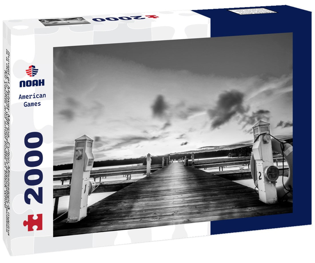 Sunset at Midway Marina, Fulton Mississippi A marina is a dock or basin with berths and associated facilities for yachts and small boats 2000pc PuzzleBlack and White