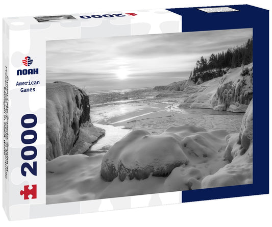 Noah Jigsaw Puzzle Frozen Lake Superior Sunrise at Presque Isle Park, winter in Marquette, Michigan in black white 2000 pieces