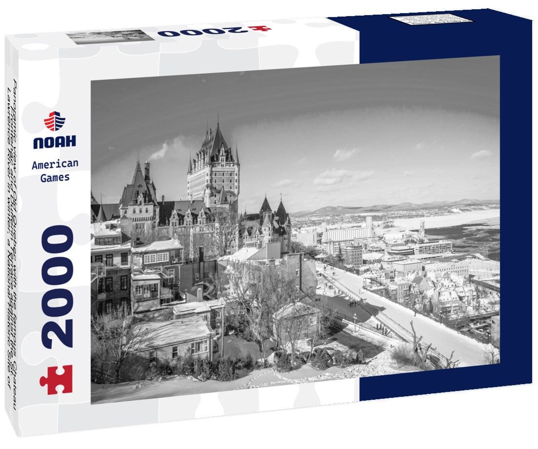 Old Quebec with the famous Chateau Frontenac and Dufferin Terrace against the St. Lawrence River in winter, a National Historic Site of Canada, the most famous landmark of Quebec 2000pc PuzzleBlack and White