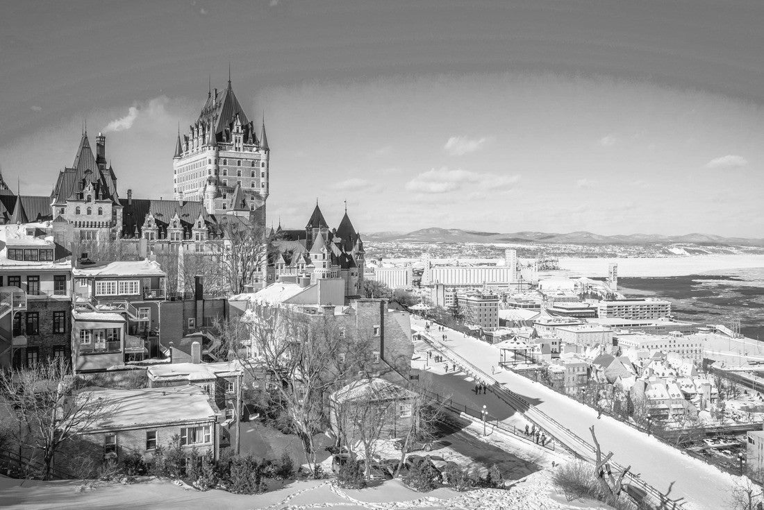 Old Quebec with the famous Chateau Frontenac and Dufferin Terrace against the St. Lawrence River in winter, a National Historic Site of Canada, the most famous landmark of Quebec 2000pc PuzzleBlack and White