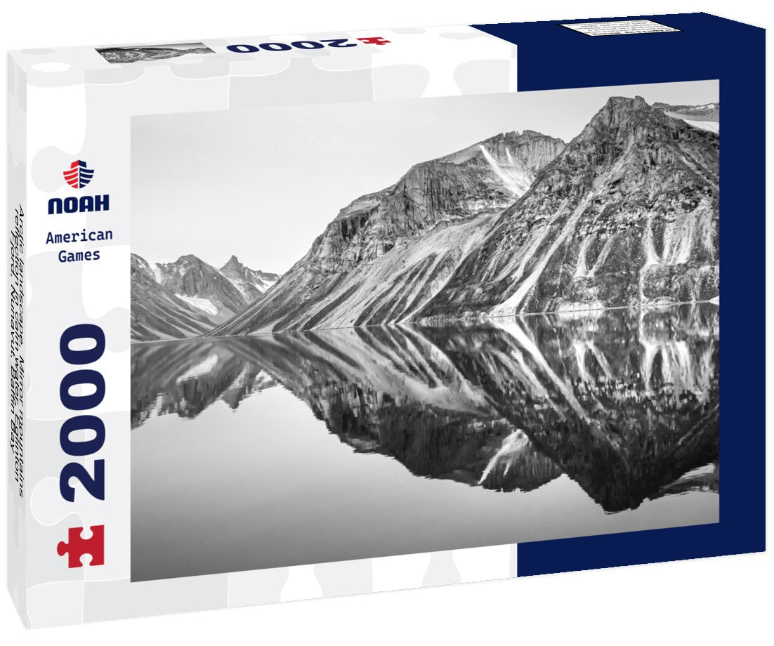 Noah Jigsaw Puzzle Arctic landscape, Mirror mountains reflection in calm water, Eglinton Fjord, Nunavut, Baffin Bay, Canada in black white 2000 pieces