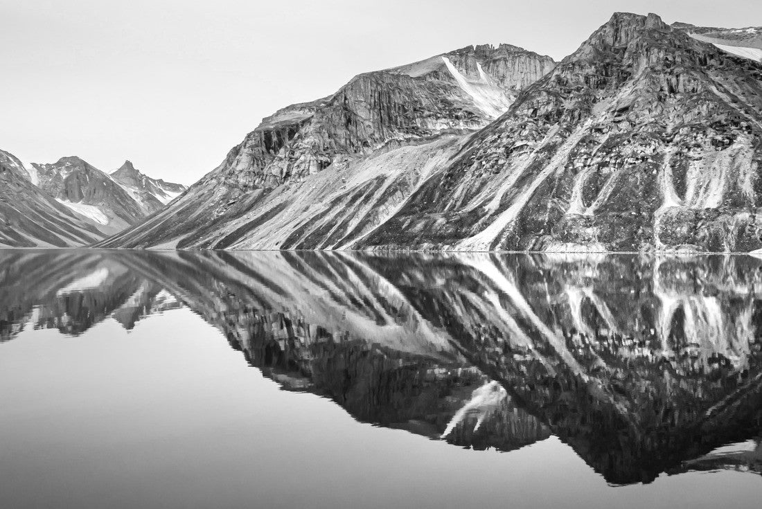 Noah Jigsaw Puzzle Arctic landscape, Mirror mountains reflection in calm water, Eglinton Fjord, Nunavut, Baffin Bay, Canada in black white 2000 pieces