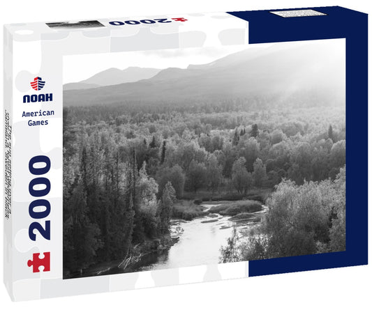 Noah Jigsaw Puzzle The sun setting over a river in a forest wilderness. Jamtland, Sweden in black white 2000 pieces