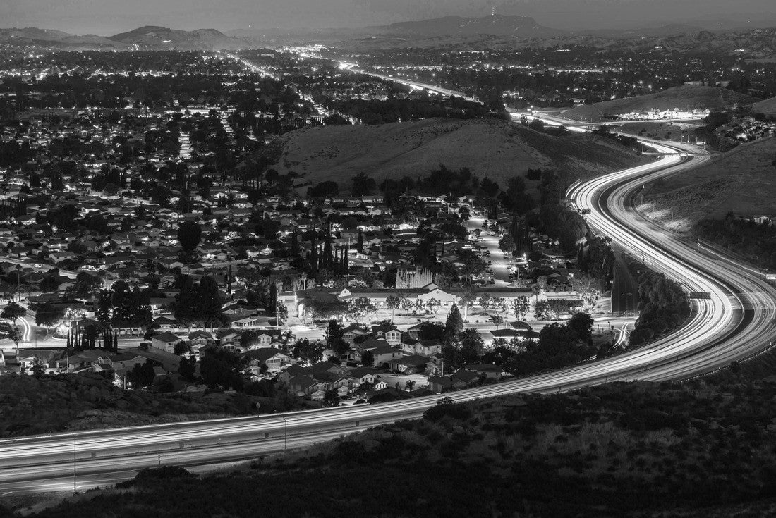 Twilight view of commuter freeway traffic in suburban Simi Valley near Los Angeles in Ventura County, California 2000pc PuzzleBlack and White