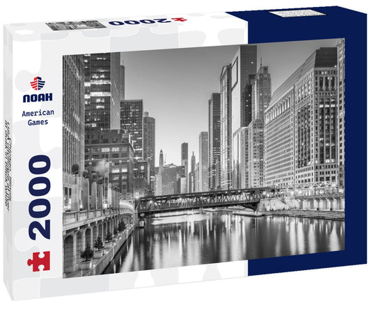 Noah Jigsaw Puzzle Chicago, Illinois, USA cityscape at river at dusk in black white 2000 pieces