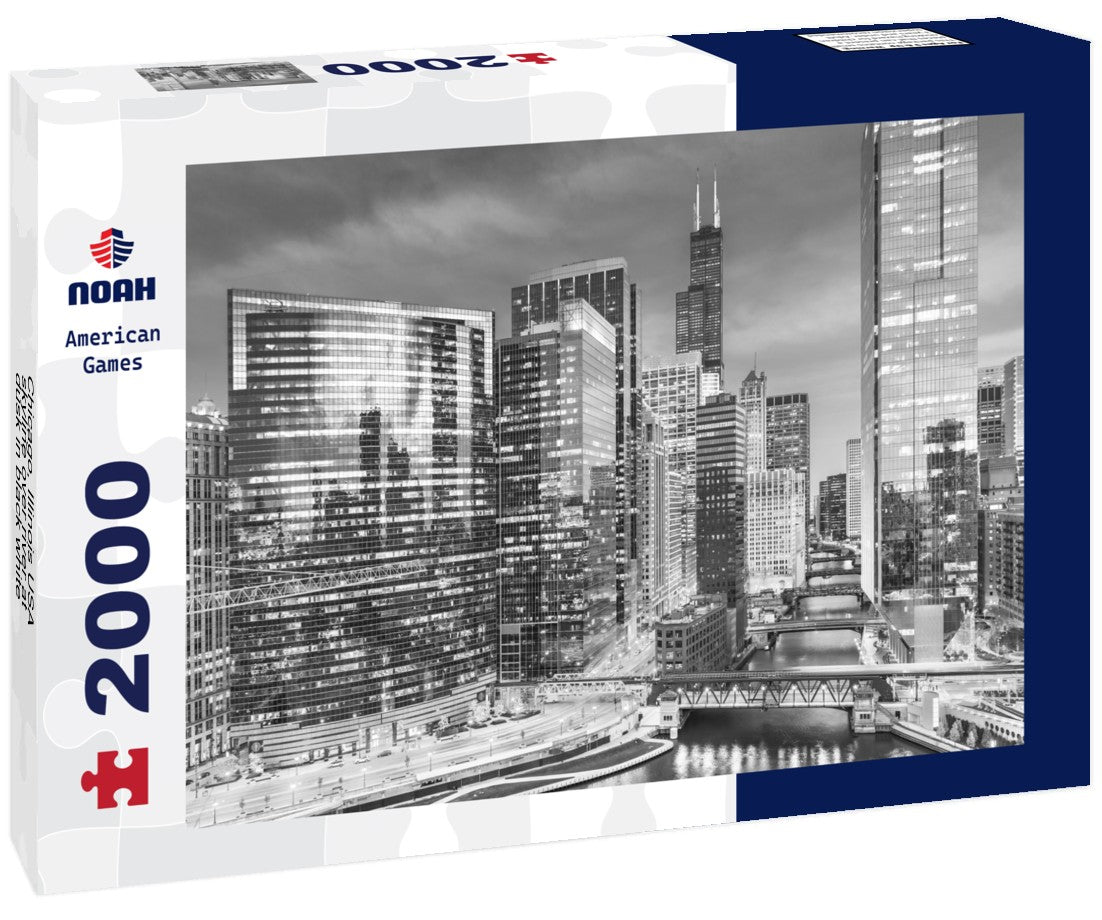Noah Jigsaw Puzzle Chicago, Illinois USA skyline over river at dusk in black white 2000 pieces
