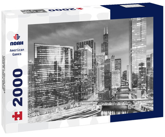 Noah Jigsaw Puzzle Chicago, Illinois USA skyline over river at dusk in black white 2000 pieces
