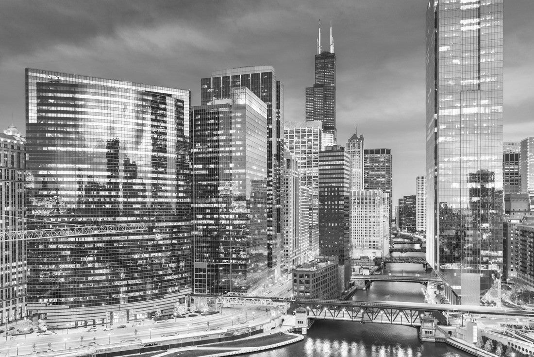 Noah Jigsaw Puzzle Chicago, Illinois USA skyline over river at dusk in black white 2000 pieces