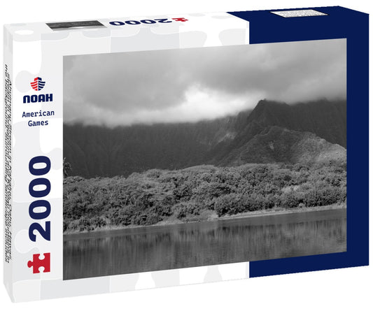 Noah Jigsaw Puzzle Ahuimanu Stream in Kahaluu, Oahu, Hawaii. Stream in foreground and Ko'olau mountains in the background. Surrounding landscape includes palm trees and tropical forest in black white 2000 pieces
