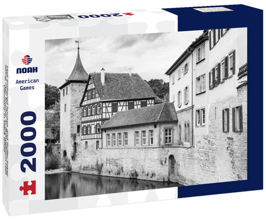 Noah Jigsaw Puzzle Half timbered houses and Sulfer tower along river Kocher in Schwabisch Hall, Germany in black white 2000 pieces