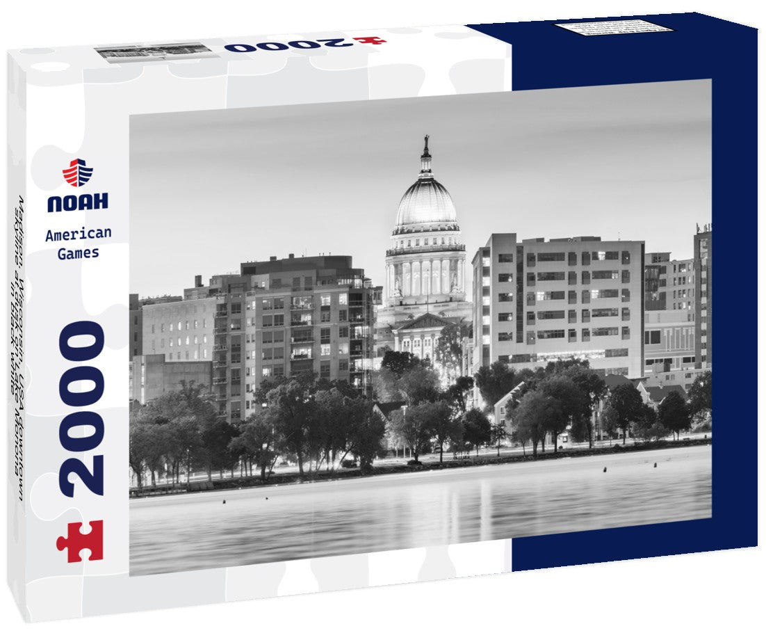 Noah Jigsaw Puzzle Madison, Wisconsin, USA downtown skyline at dusk on Lake Monona in black white 2000 pieces