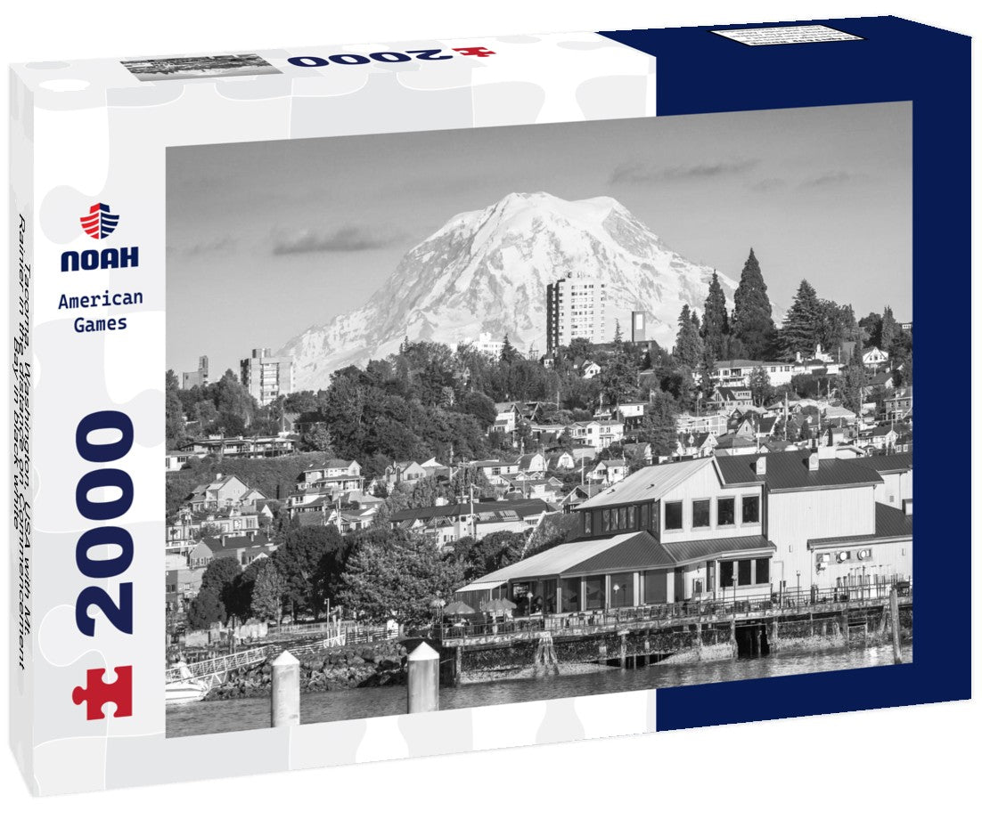 Tacoma, Washington, USA with Mt. Rainier in the distance on Commencement Bay 2000pc PuzzleBlack and White