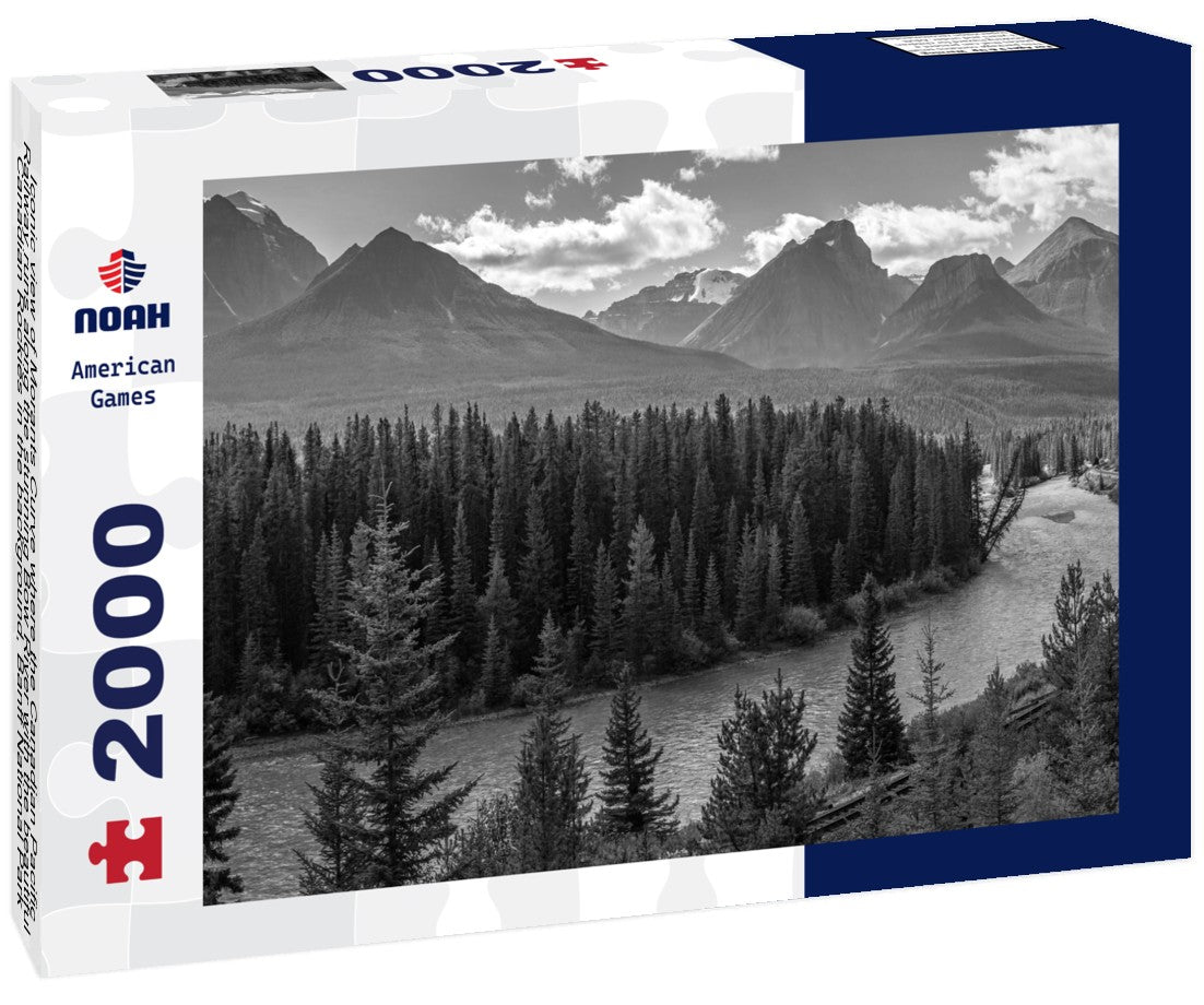 Iconic view of Morants Curve where the Canadian Pacific Railway runs along the stunning Bow River with the beautiful Canadian Rockies in the background, Banff National Park, Alberta, Canada 2000pc PuzzleBlack and White