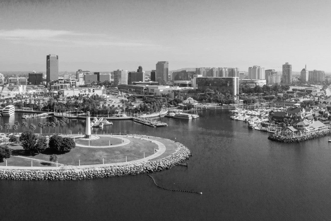 Long Beach coastline, harbour, skyline and Marina in Long Beach with Palm Trees 2000pc PuzzleBlack and White