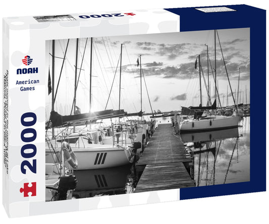 Noah Jigsaw Puzzle Boats moored in the marina at Lake Niegocin during sunrise. Wilkasy, Masuria, Poland in black white 2000 pieces