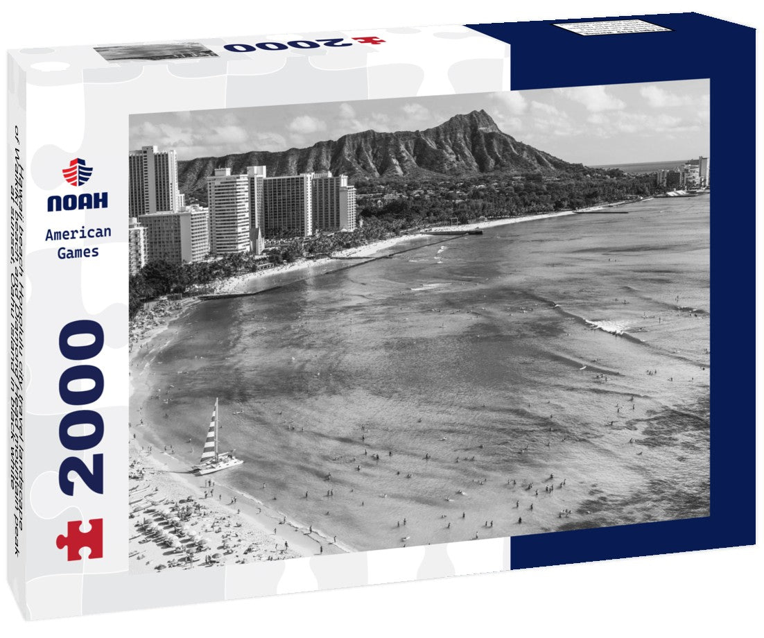 Noah Jigsaw Puzzle Hawaii beach Honolulu city travel landscape of Waikiki beach and Diamond Head mountain peak at sunset, Oahu island in black white 2000 pieces