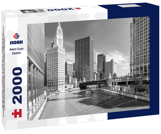 Noah Jigsaw Puzzle Chicago skylines buildings along the green-tinged Chicago River at the St. Patrick's Day festival in downtown Chicago IL USA in black white 2000 pieces