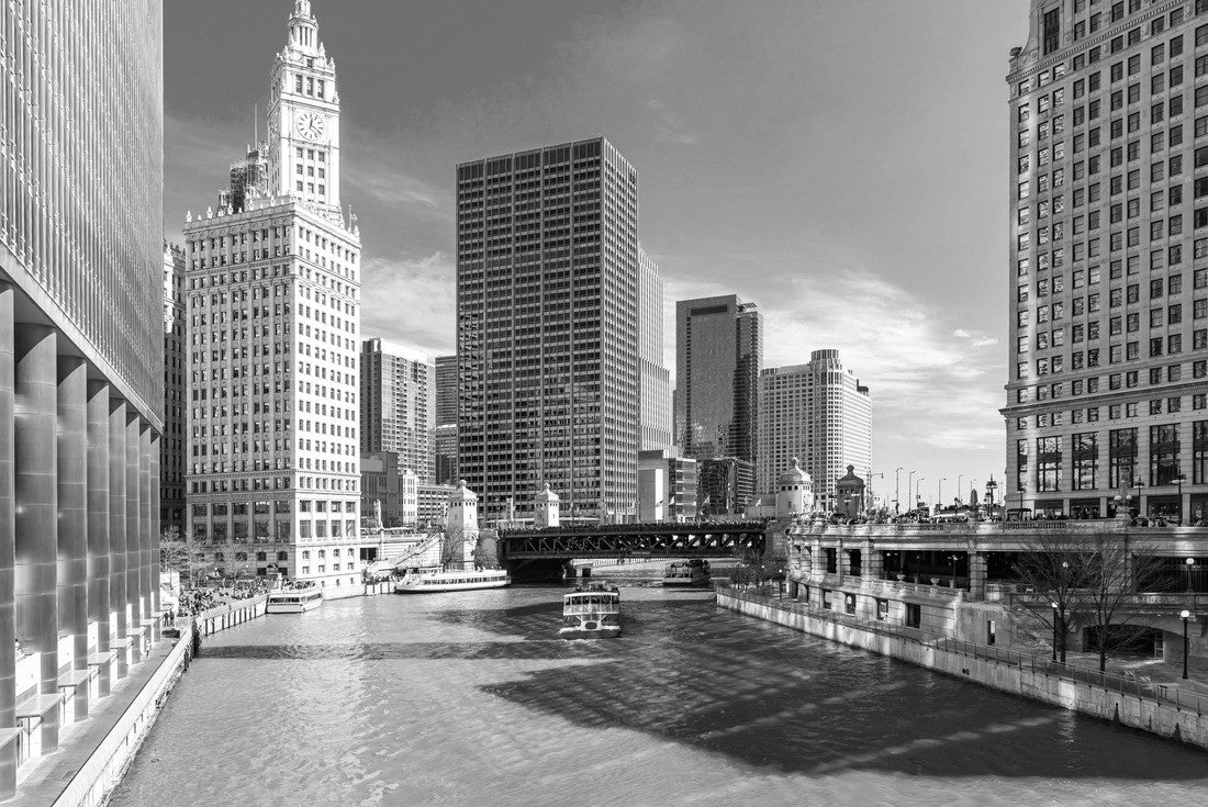 Noah Jigsaw Puzzle Chicago skylines buildings along the green-tinged Chicago River at the St. Patrick's Day festival in downtown Chicago IL USA in black white 2000 pieces