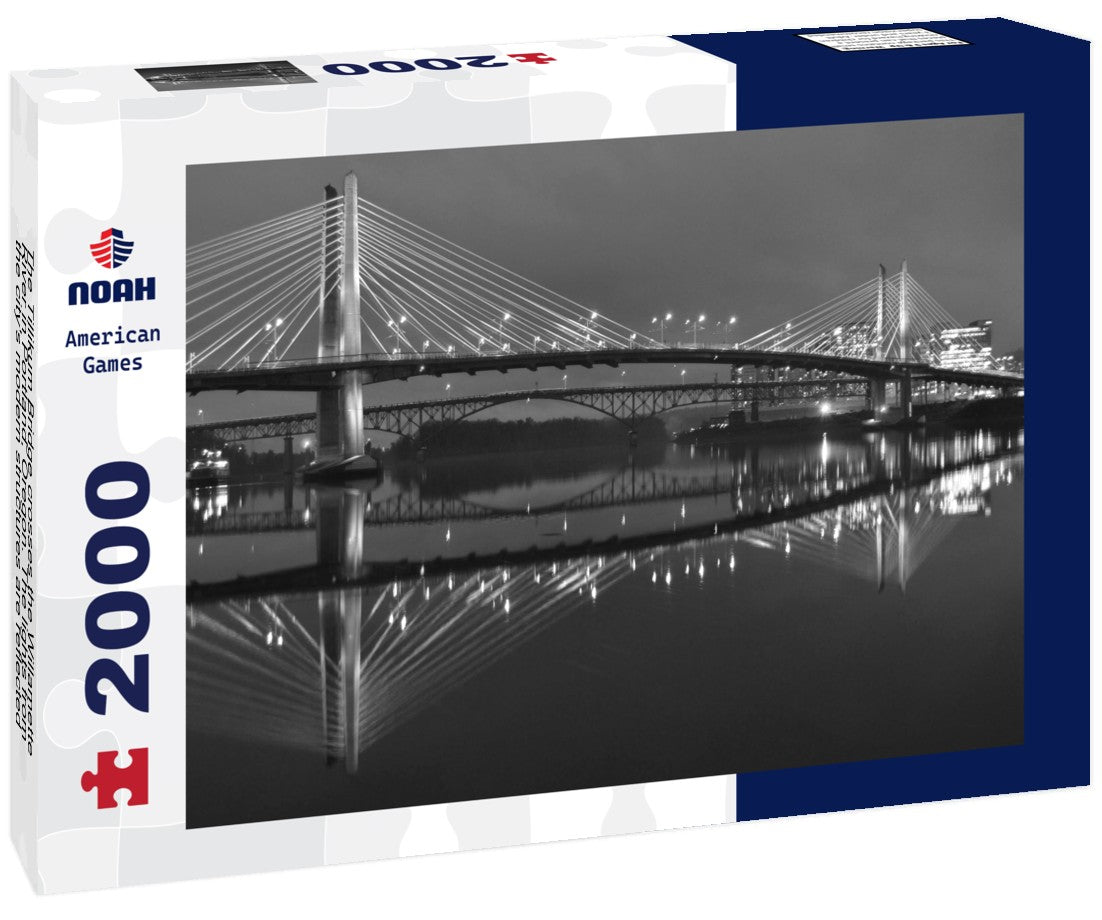 The Tillikum Bridge crosses the Willamette River in Portland, Oregon. The lights from the city's modern structures are reflected in the calm waters 2000pc PuzzleBlack and White