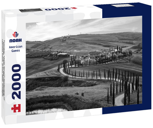Noah Jigsaw Puzzle Tuscany, Crete Senesi landscape of sunsets. Farm in the countryside, cypress trees, green field, sunlight and clouds. Italy in black white 2000 pieces