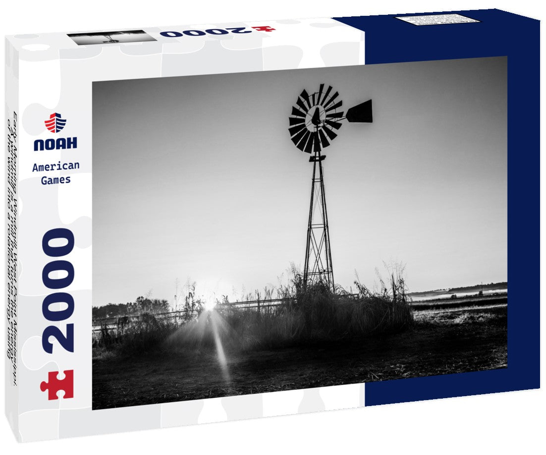 Early Morning Windmill West Point Mississippi. A windmill is a mill that turns the energy of the wind into a rotational energy using sails or blades 2000pc PuzzleBlack and White