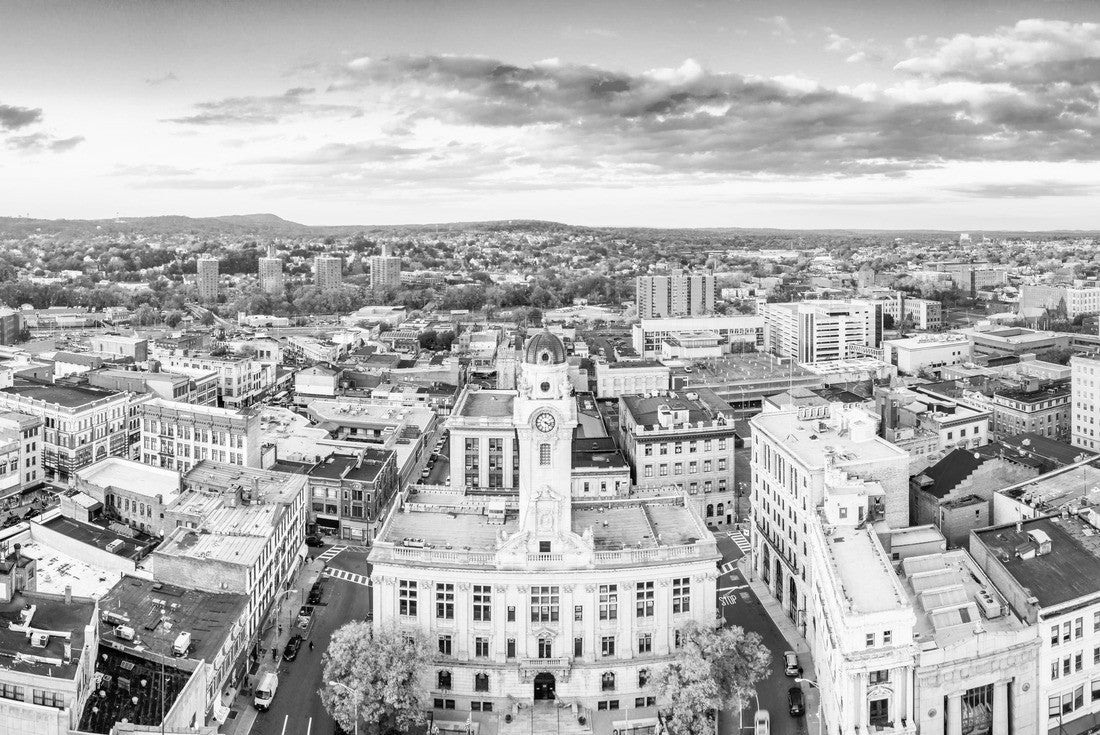 Aerial view of Paterson, NJ and its city hall. Paterson is the county seat of Passaic County and the third most populous city in NJ with the second largest Muslim population in the US 2000pc PuzzleBlack and White