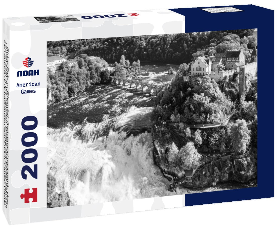 Noah Jigsaw Puzzle Rhine Falls or Rheinfall, Switzerland panoramic view. Tourist boat in the waterfall. Bridge and border between the cantons of Schaffhausen and Zurich. Laufen Castle, Laufen-Uhwiesen on the mountain top in black white 2000 pieces