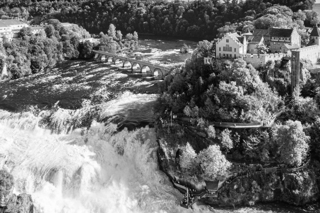 Noah Jigsaw Puzzle Rhine Falls or Rheinfall, Switzerland panoramic view. Tourist boat in the waterfall. Bridge and border between the cantons of Schaffhausen and Zurich. Laufen Castle, Laufen-Uhwiesen on the mountain top in black white 2000 pieces