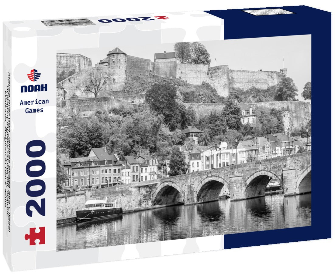 Mause river with Jambes bridge and Citadel of Namur fortress on the hill, Namur, Wallonia, Belgium 2000pc PuzzleBlack and White