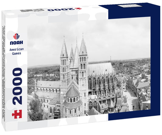 Noah Jigsaw Puzzle Notre-Dame de Tournai towers and surrounfing streets with old buildings panorama, Cathedral of Our Lady, Tournai, Walloon municipality, Belgium in black white 2000 pieces