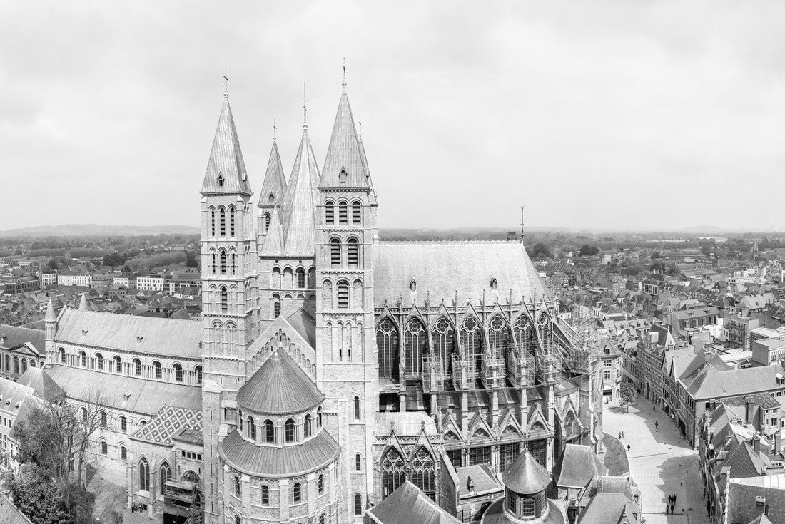 Noah Jigsaw Puzzle Notre-Dame de Tournai towers and surrounfing streets with old buildings panorama, Cathedral of Our Lady, Tournai, Walloon municipality, Belgium in black white 2000 pieces