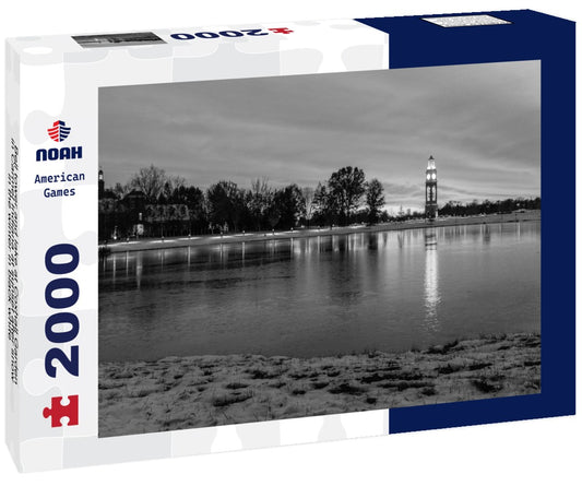 Noah Jigsaw Puzzle Bell tower and lake at Coxhall Garden in Carmel Indiana at sunset after snow in the winter in black white 2000 pieces