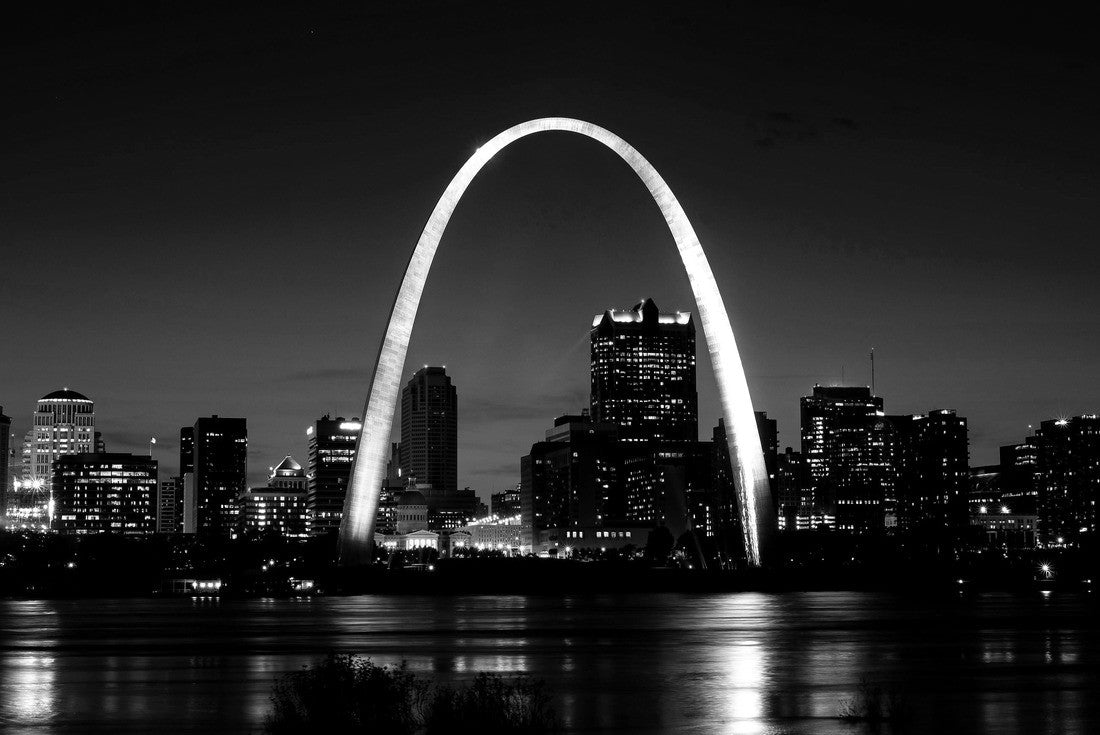 St. Louis gateway arch reflecting shining light at night on Mississippi River in foreground, tall office buildings and skyline in background 2000pc PuzzleBlack and White