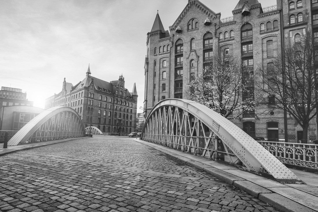 Arch bridge over alster canals with cobbled road in historical Speicherstadt of Hamburg, Germany, Europe. Scenic view of red brick building lit by golden sunset light 2000pc PuzzleBlack and White