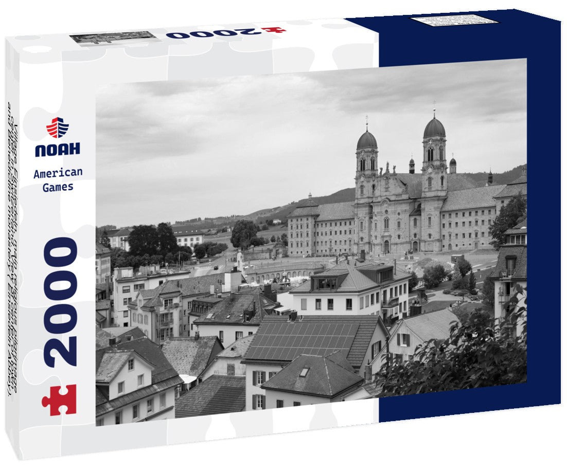 Noah Jigsaw Puzzle Village Einsiedeln, main religious pilgrimage center in Switzerland. View of center of town and Benedictine monastery ( Einsiedeln Abbey). Tourist destination in black white 2000 pieces