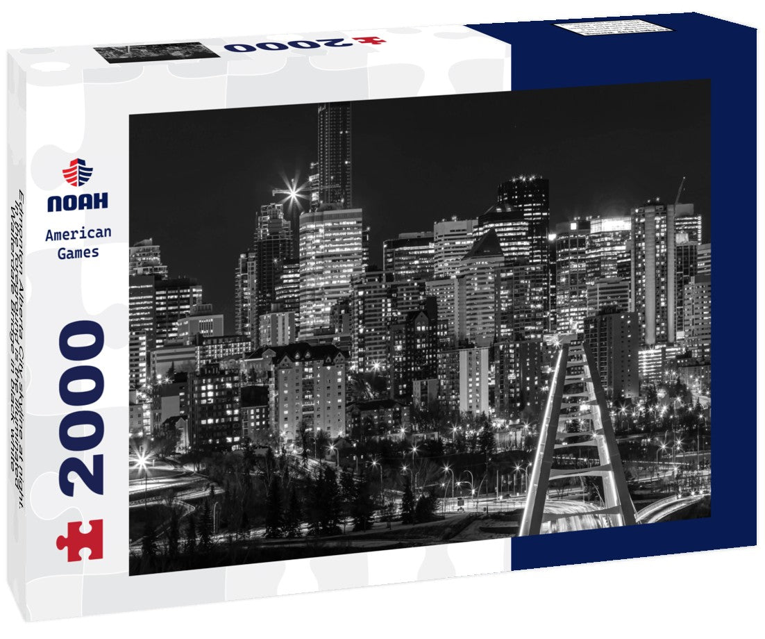 Noah Jigsaw Puzzle Edmonton Alberta City skyline at night. In the foreground is the illuminated Walterdale Bridge in black white 2000 pieces