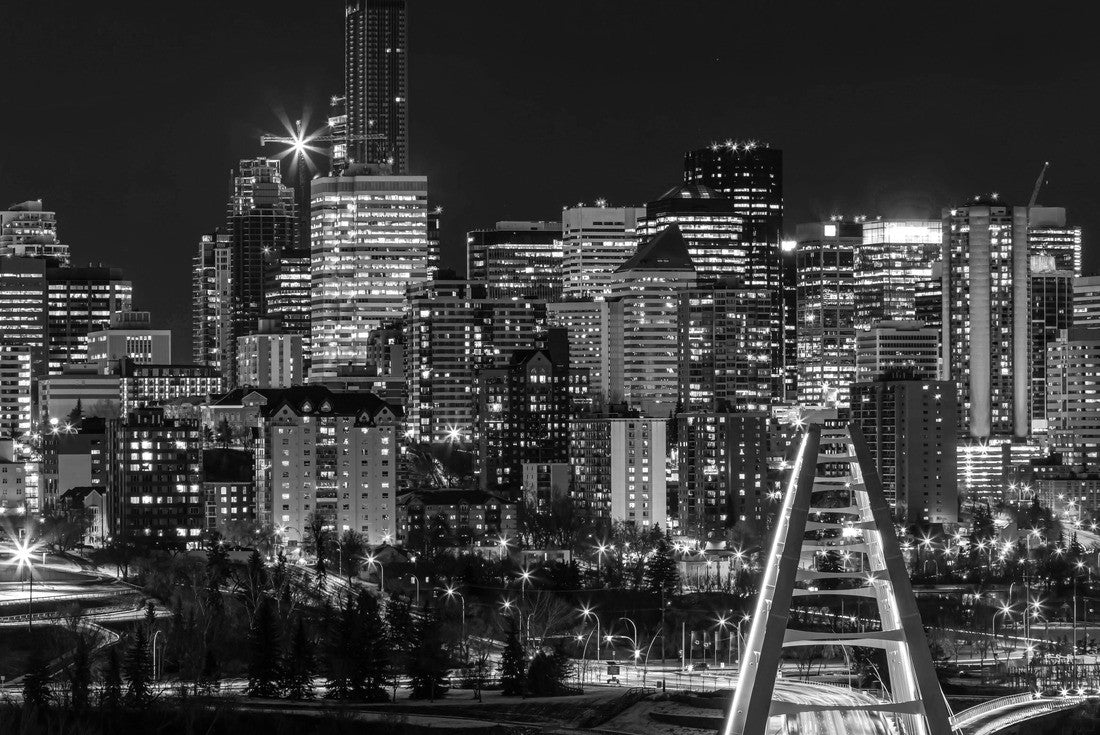 Edmonton Alberta City skyline at night. In the foreground is the illuminated Walterdale Bridge 2000pc PuzzleBlack and White