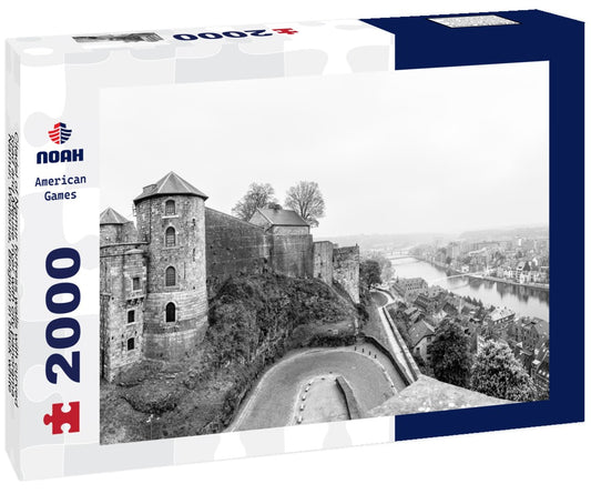 Noah Jigsaw Puzzle Citadel of Namur fortress walls with curved road and Meuse river with city panorama, Namur, Wallonia, Belgium in black white 2000 pieces