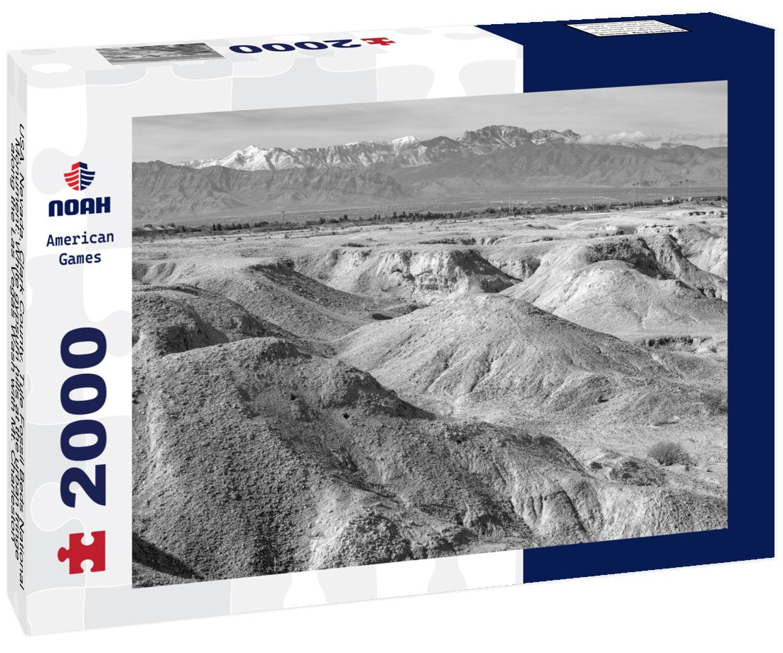 USA, Nevada, Clark County, Tule Fossil Beds National Monument: White gypsum hills at the urban fringe along the Las Vegas Wash with Mt. Charleston in the distance 2000pc PuzzleBlack and White