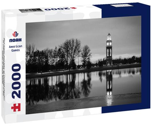 Noah Jigsaw Puzzle Bell tower and lake at Coxhall Garden in Carmel Indiana at sunset in the winter in black white 2000 pieces