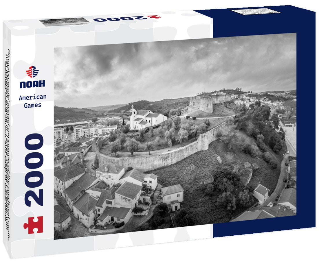 Noah Jigsaw Puzzle Stunning aerial sunset panorama of the medieval castle with Moorish origins in Torres Vedras Portugal with restored castle church and keep in black white 2000 pieces