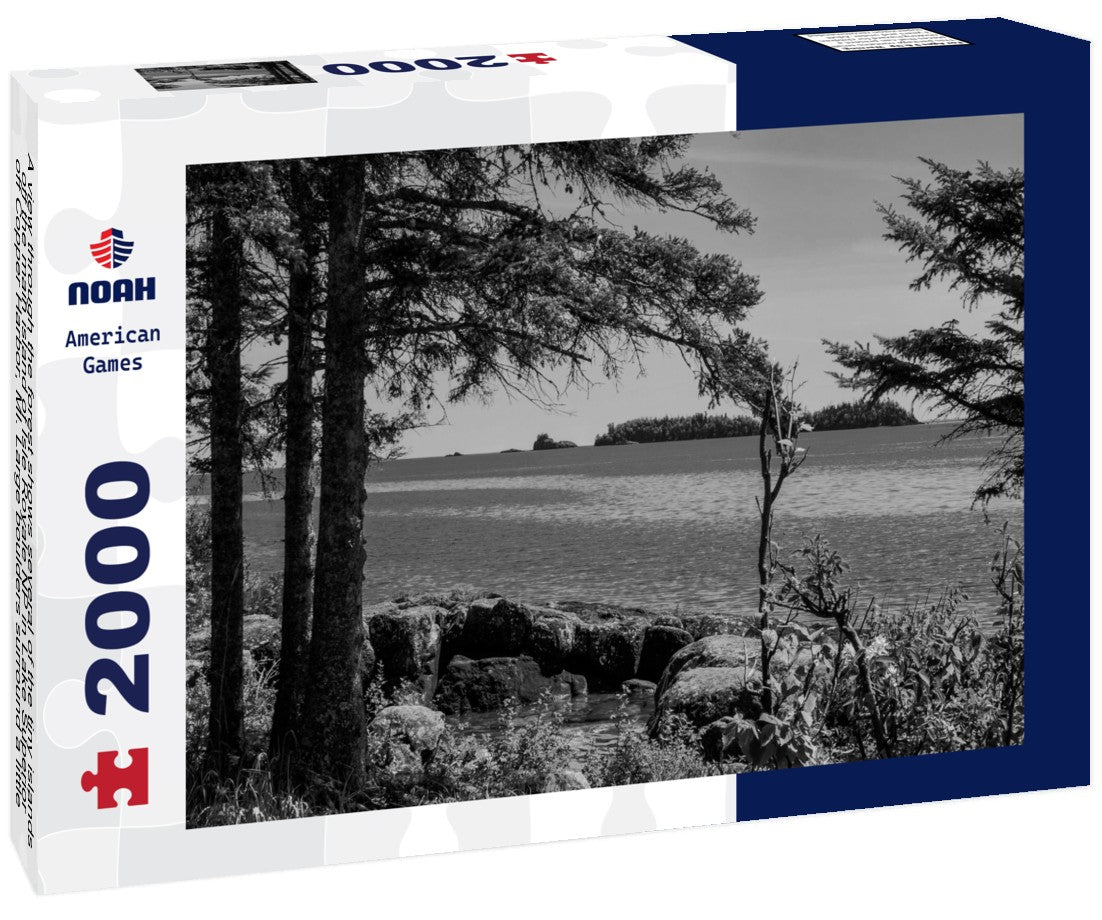 Noah Jigsaw Puzzle A view through the forest shows several of the tiny islands off the main island of Isle Royale NP in Lake Superior off Copper Harbor, MI. Large boulders surround a little water pool on shoreline in black white 2000 pieces