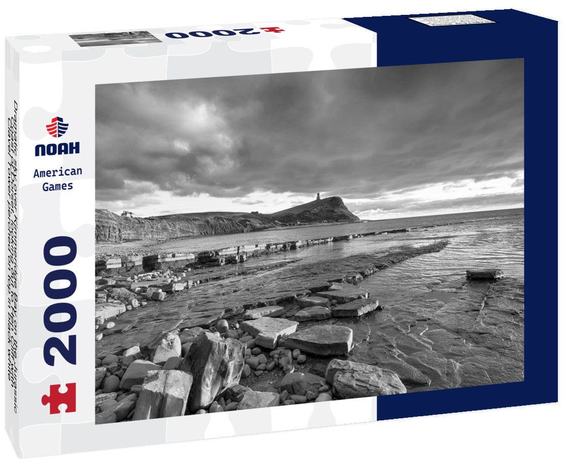 Noah Jigsaw Puzzle Dramatic sky over Kimmeridge Bay on the Jurassic Coast of Dorset, looking out to Hen Cliff with Clavel Tower perched on top in black white 2000 pieces