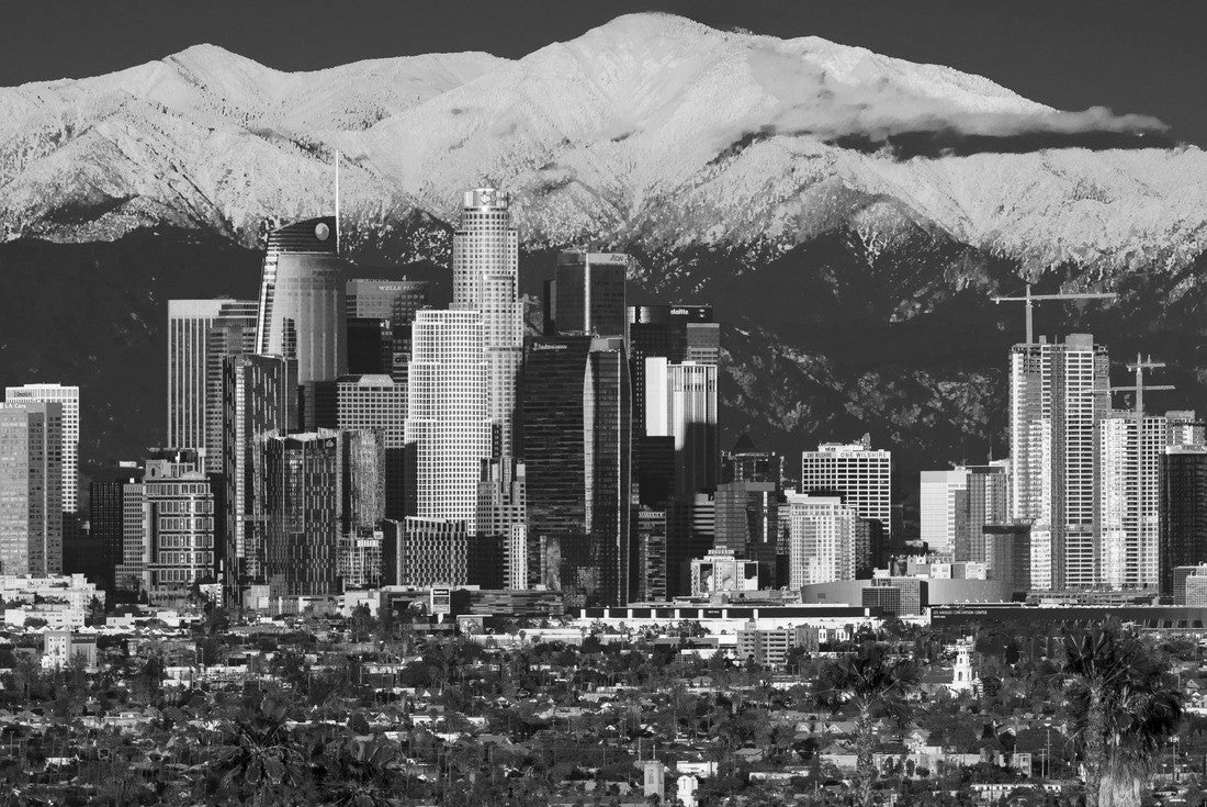 Noah Jigsaw Puzzle City of Angels - Los Angeles Skyline framed by San Bernadino Mountains and Mount Baldy with fresh snow from Kenneth Hahn State Park in black white 2000 pieces