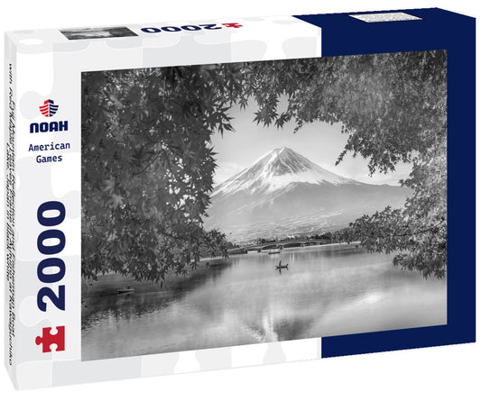 Noah Jigsaw Puzzle Fuji Mountain Reflection and Fisherman Boat with Red Maple Leaves Frame in Autumn at Kawaguchiko Lake, Japan in black white 2000 pieces