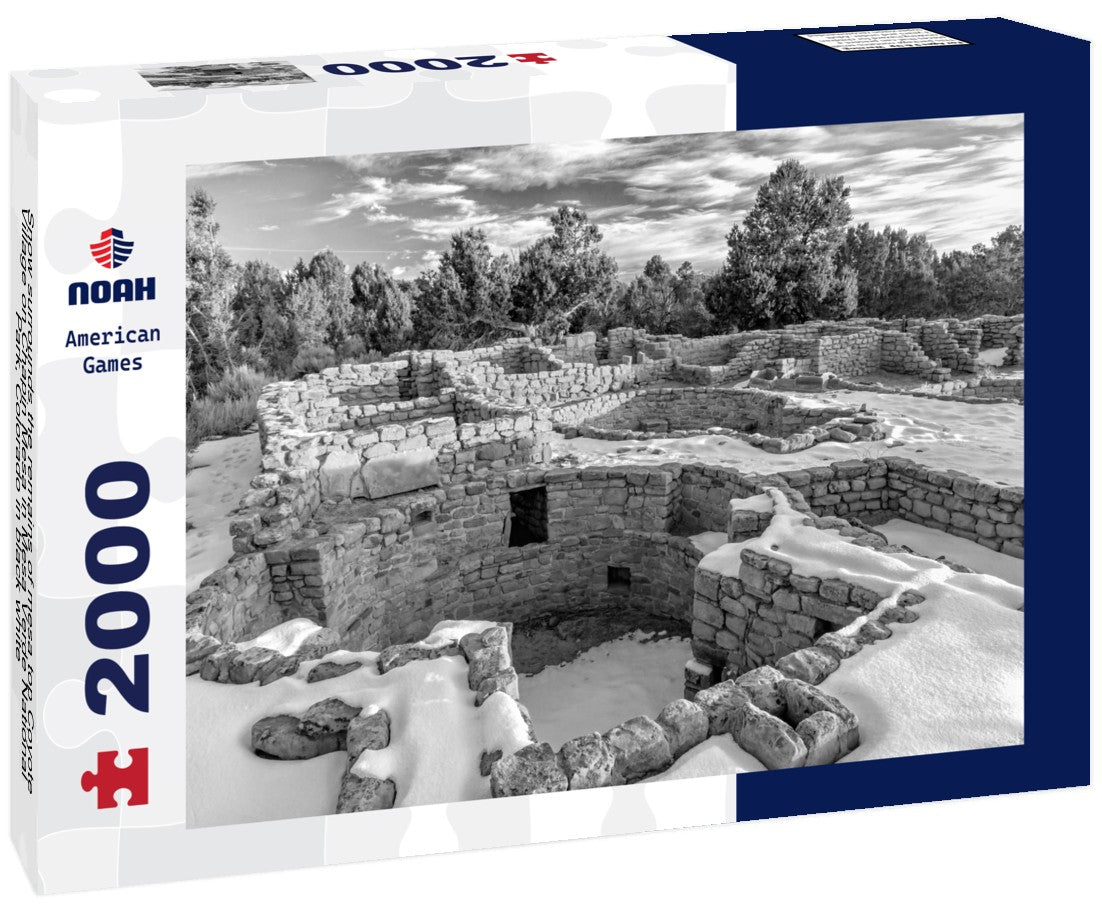 Snow surrounds the remains of mesa top Coyote Village on Chapin Mesa in Mesa Verde National Park, Colorado 2000pc PuzzleBlack and White