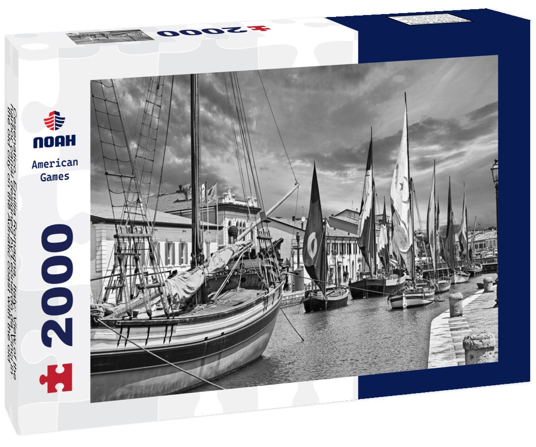 Cesenatico, Emilia Romagna, Italy: View of the harbor canal designed by Leonardo da Vinci in the old city on the Adriatic coast with the old wooden sailing boats 2000pc PuzzleBlack and White