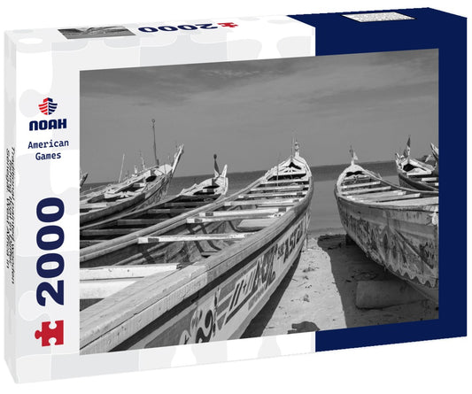 Noah Jigsaw Puzzle Traditional painted wooden fishing boat in Djiffer, Senegal. West Africa in black white 2000 pieces
