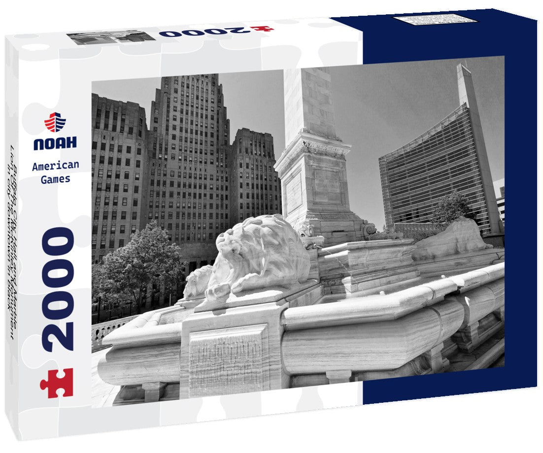 Noah Jigsaw Puzzle Buffalo City Hall and Marble Lion Of The McKinley Monument in city downtown in black white 2000 pieces